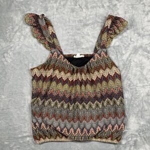 Love and Promises Tank Top Womens Multicolor Chevron Ruffle Metallic Blouson L